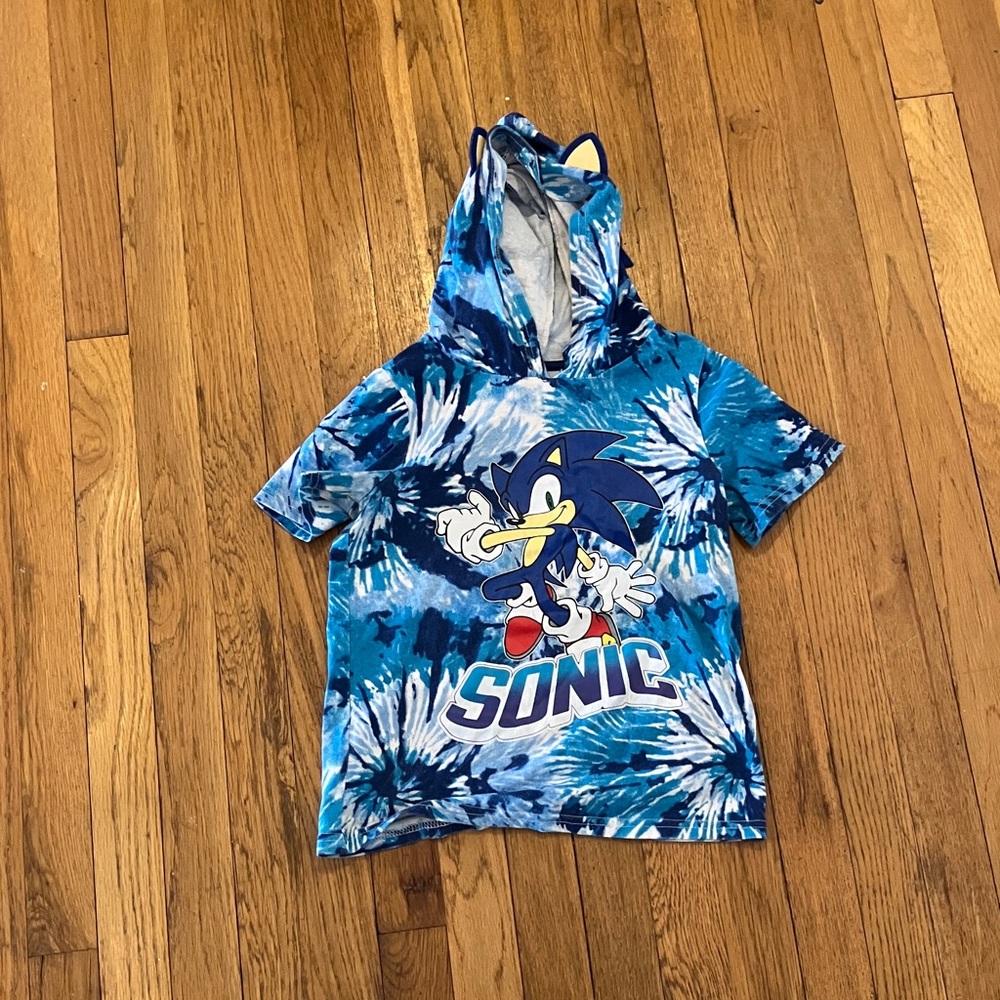 Sonic The Hedgehog SEGA Boys Blue Tie-Dye Spiky Hooded Costume T-Shirt Size 8